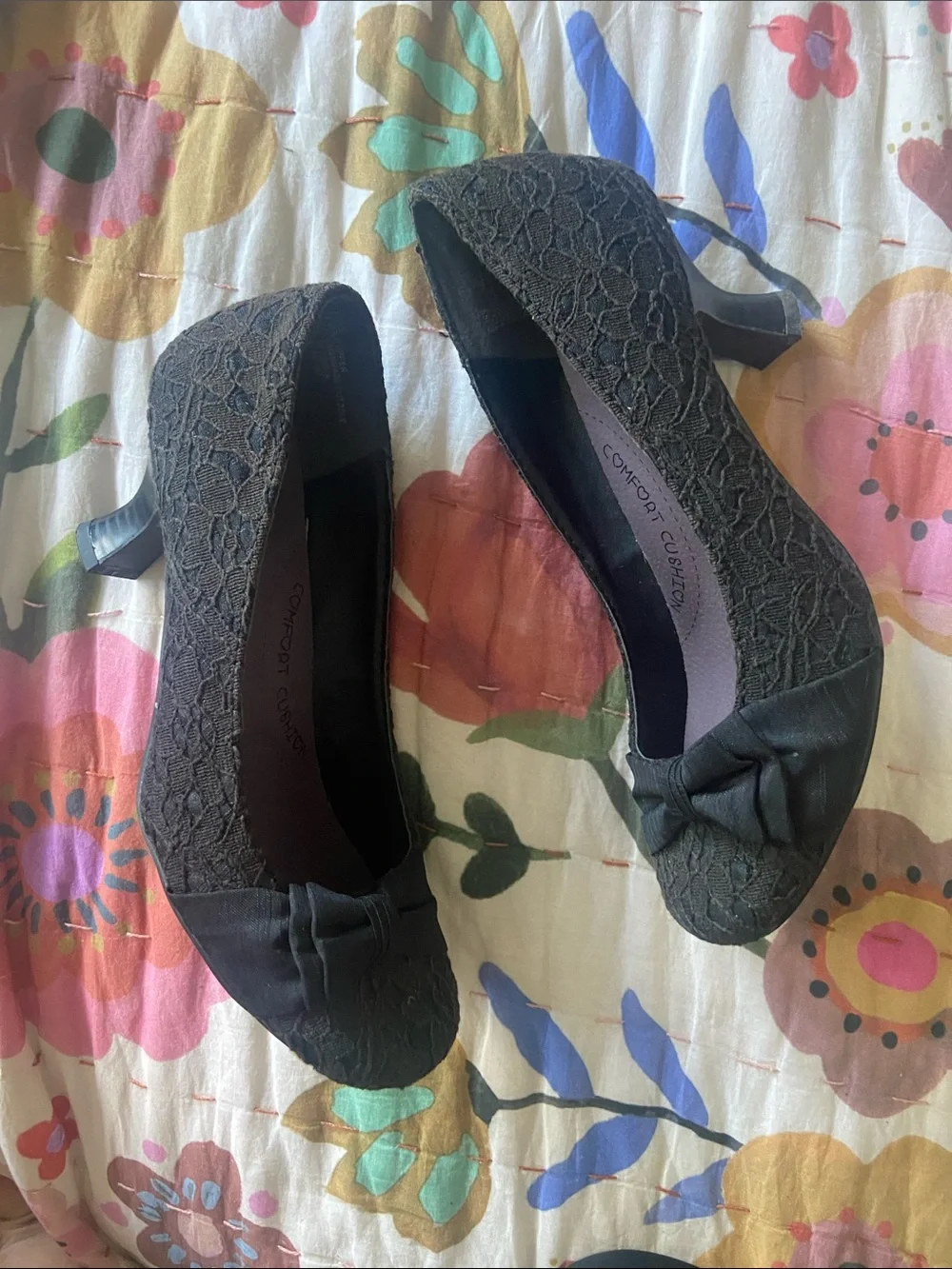Jellypop Black Lace Retro Kitten Heel Bow Pumps 6.5
